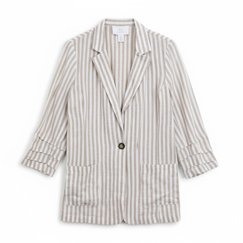 H by Halston Tan and White Striped Linen Blend Blazer Size Large